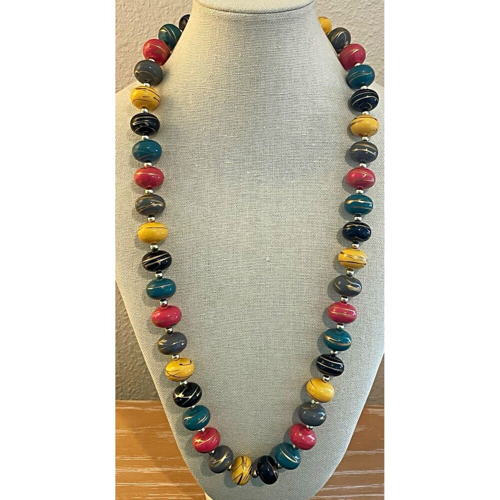 Chunky Boho Multicolor Painted Wood Bead Statement Necklace